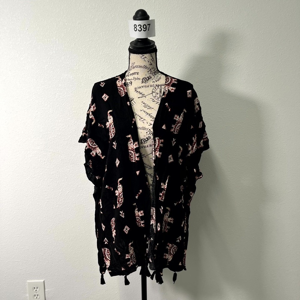 Janice Kimono Womens One Size Black Elephant Print Open Front Tassel Hem Boho